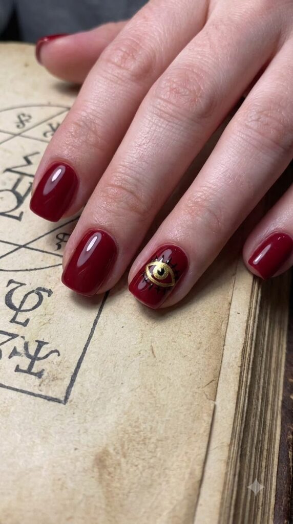 Short squoval red nails with golden eye grimoire accent art