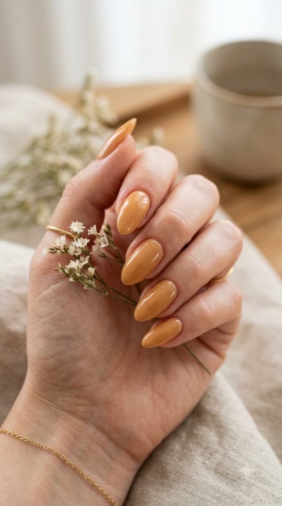 Golden honey nude nails for a warm September glow