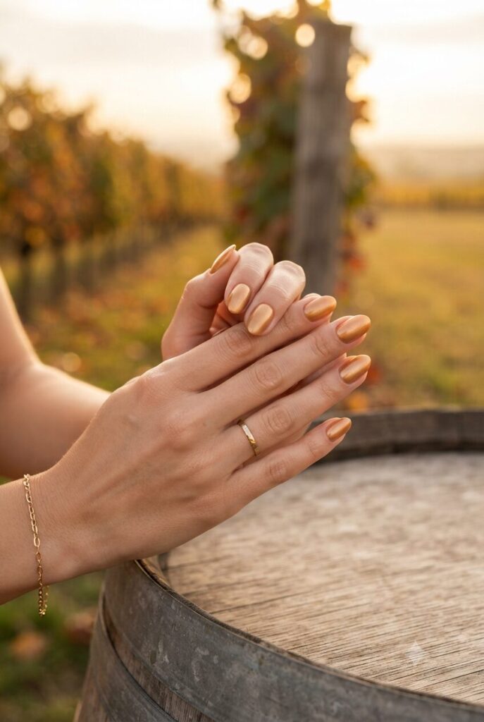 Short almond nails with glossy warm golden bronze shimmer polish