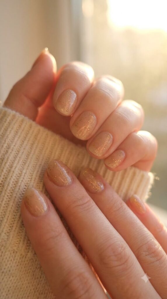 Round natural nails with sheer beige base and fine gold shimmer