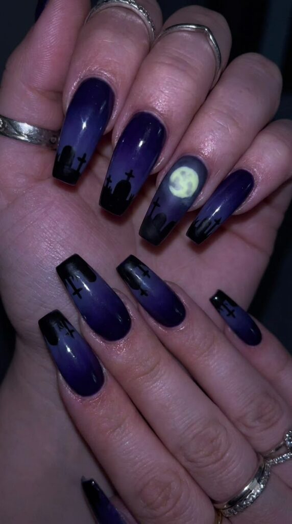 Coffin nails with dark sky and gravestone silhouette art