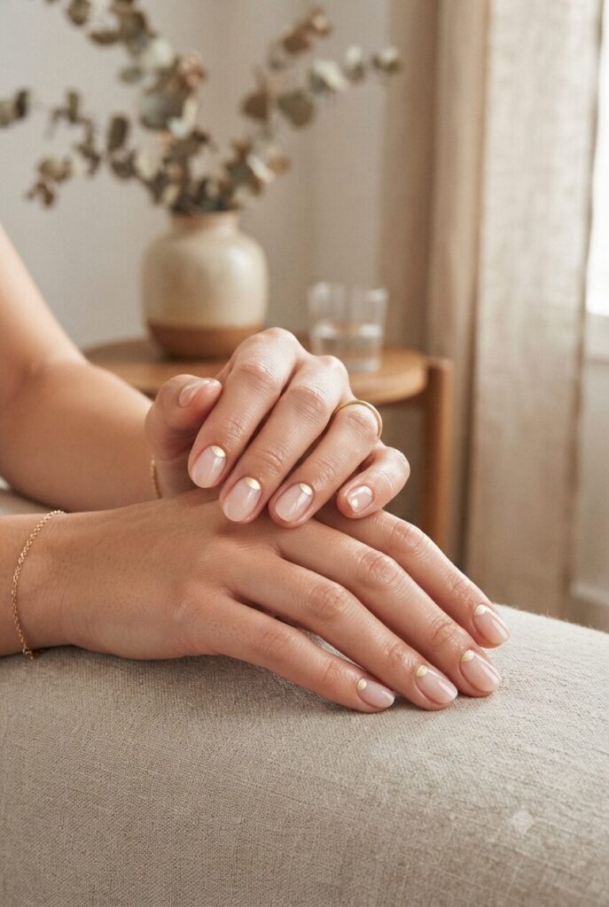 Short oval nails with sheer nude base and half-moon cuticle accent