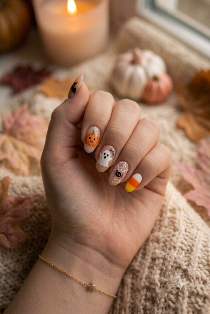 Almond nails featuring mixed pumpkin, ghost, web, and bat designs