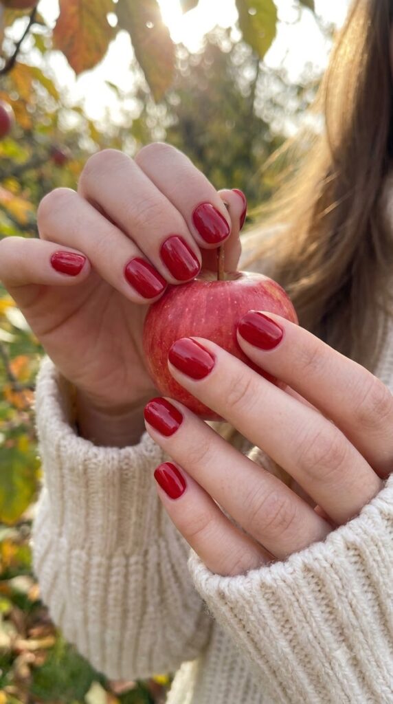 Short round nails with glossy classic apple-red polish