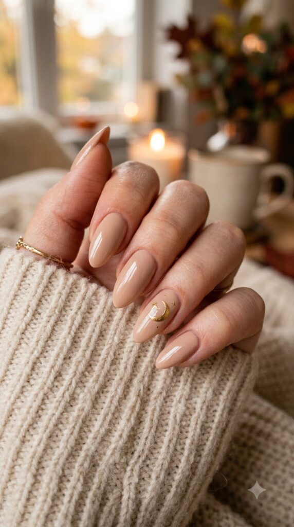 Nude nails with a tiny harvest moon accent