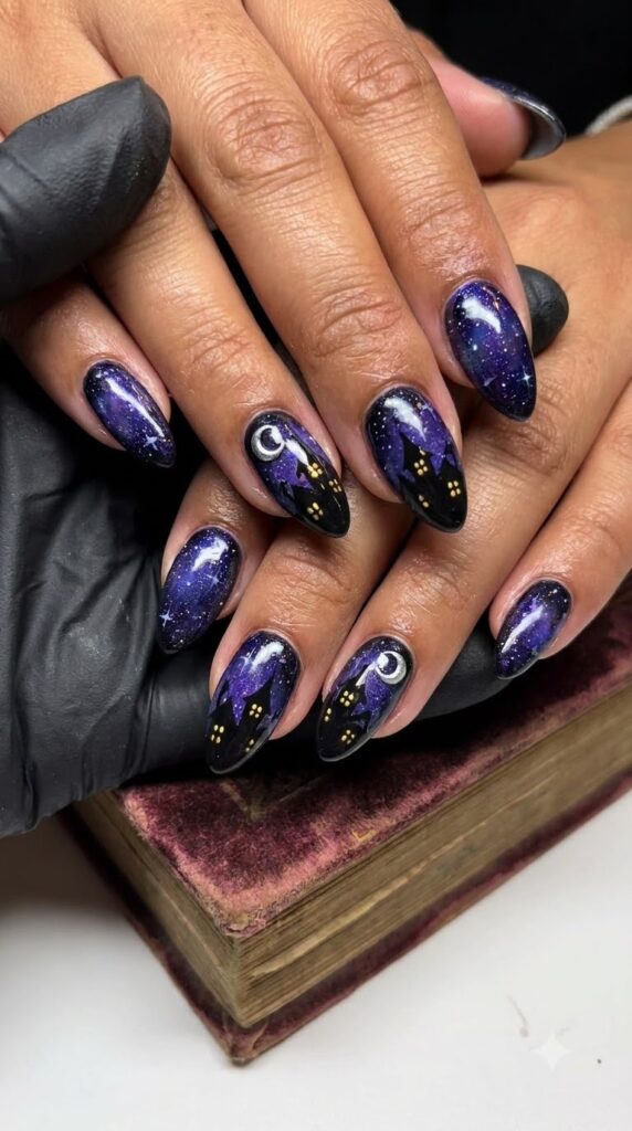 Almond nails with dark night sky and black haunted house art
