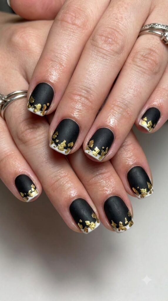 Short square matte black nails with raw gold foil tips