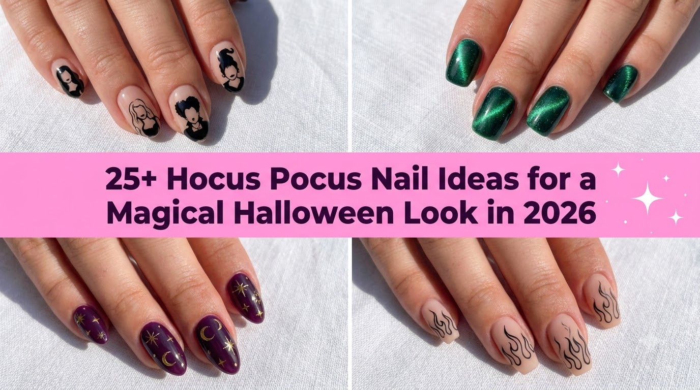 Collage of Hocus Pocus nail ideas for a magical Halloween look in 2026