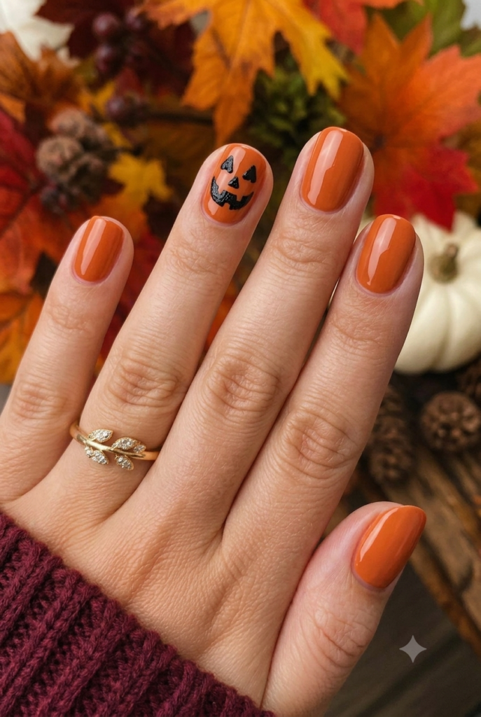 Short round orange nails with carved black jack-o-lantern face