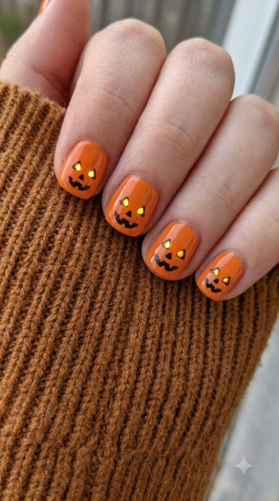 Short orange nails with black carved jack-o-lantern smiles
