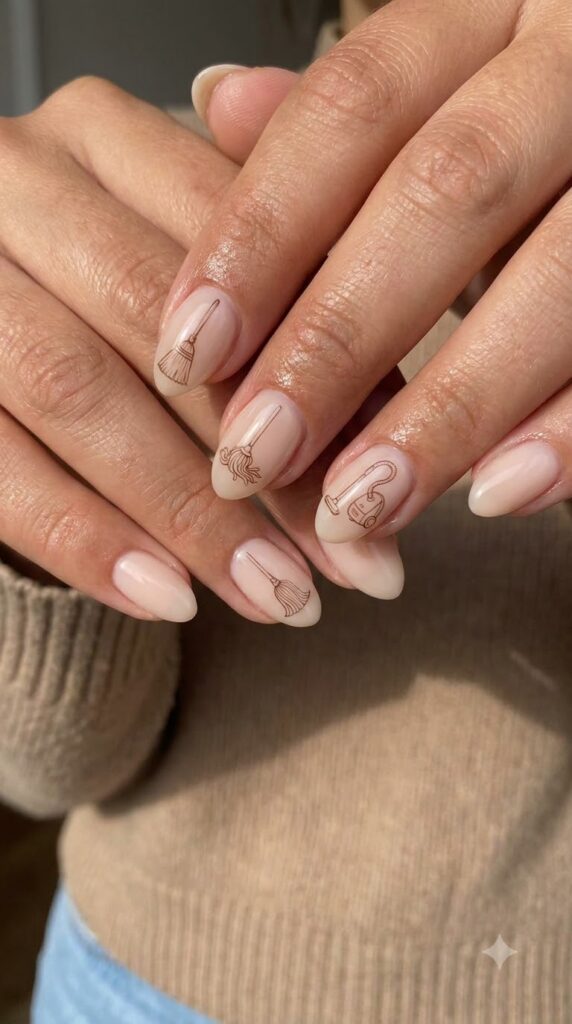 Short almond nude nails with fine brown broom mop vacuum line art