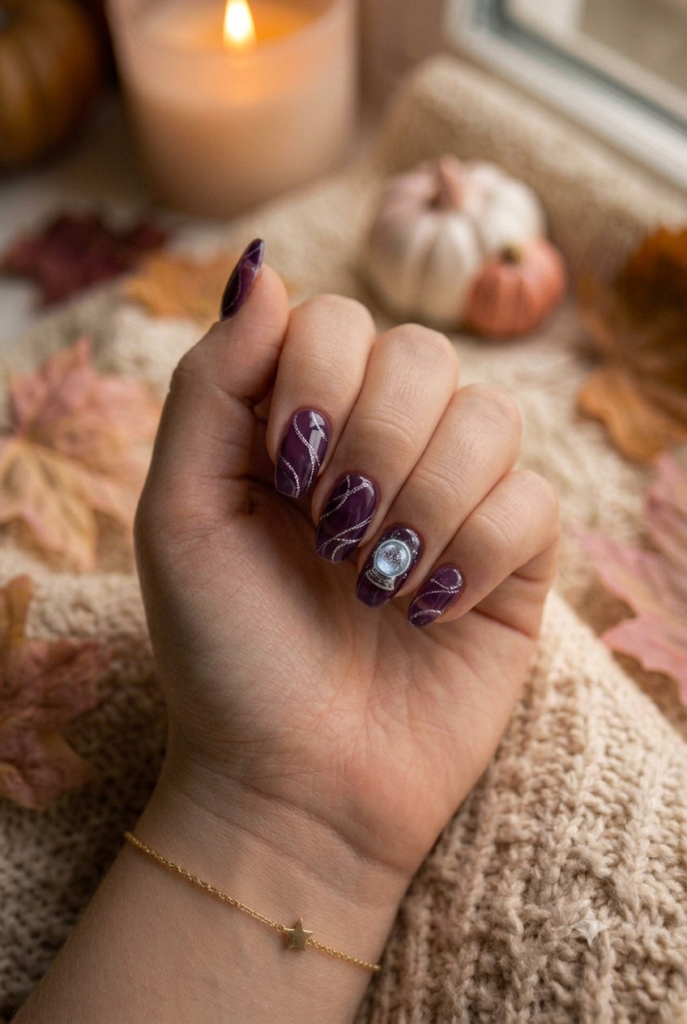 Squoval purple jelly nails with silver glitter and glowing crystal ball art