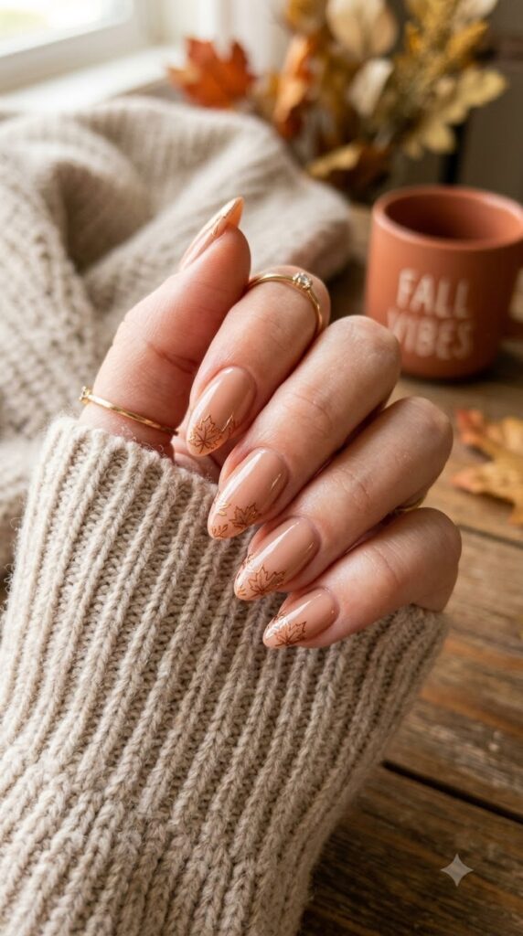 Nude nails with tiny maple outline tips for late September