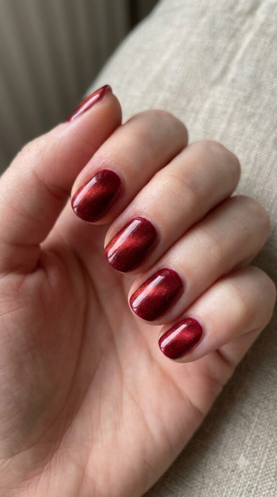 Short round nails with Mary crimson red magnetic velvet polish