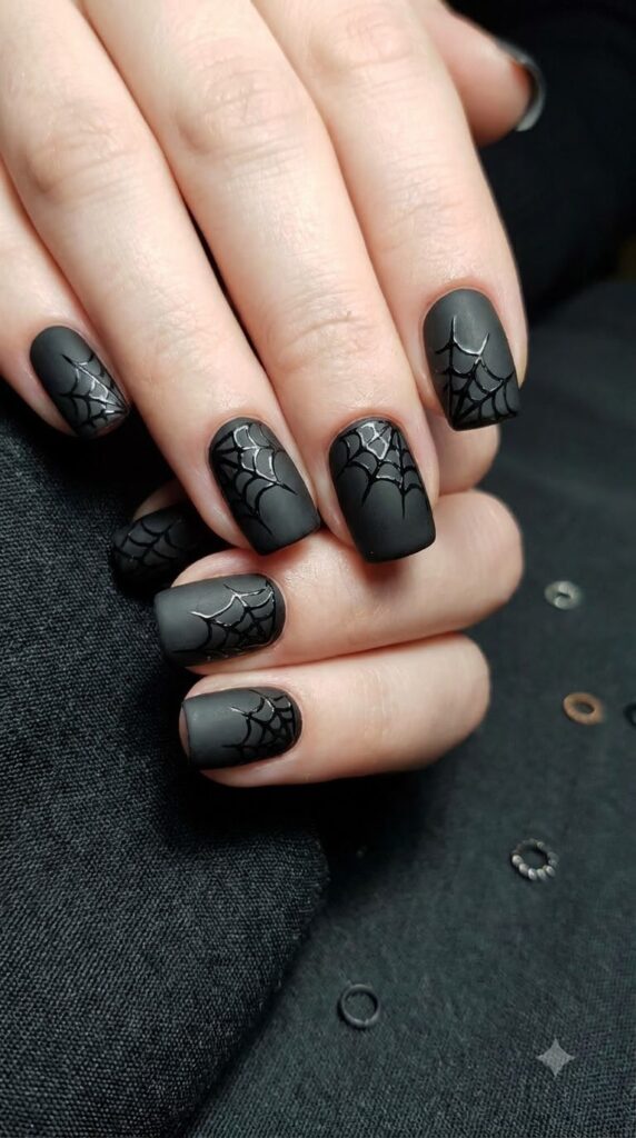 Short square matte black nails with glossy black spider web art
