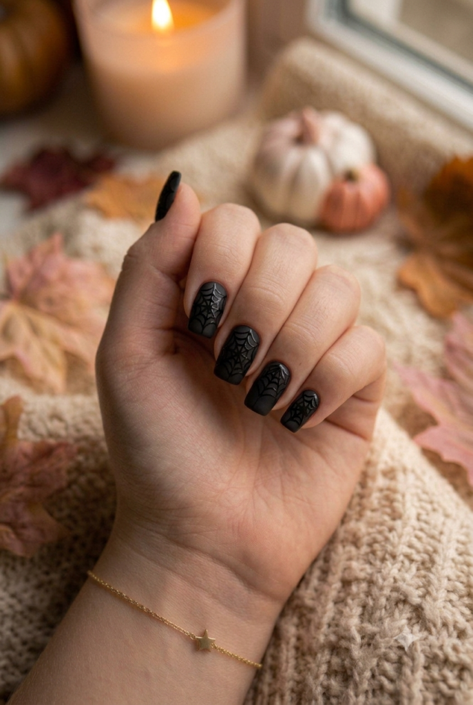 Short square matte black nails with glossy black spider web art
