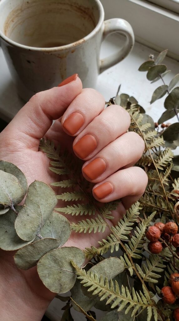 Short square nails with deep clay orange matte velvet finish