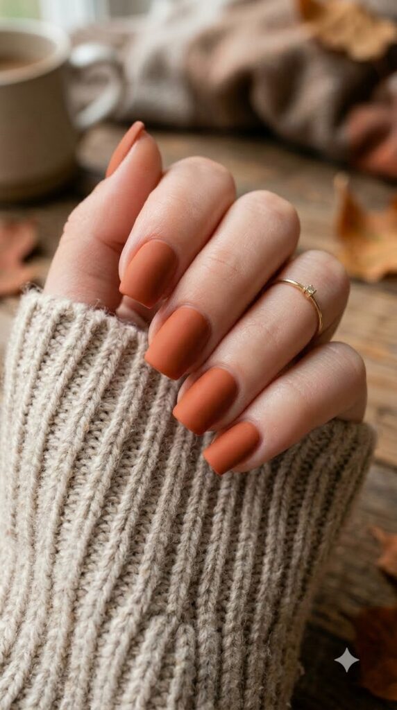 Matte clay orange nails for a cozy September look