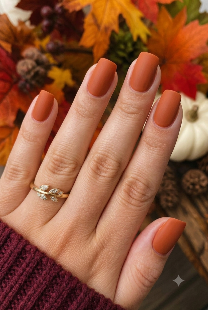 Short square nails with deep rust orange matte velvet finish