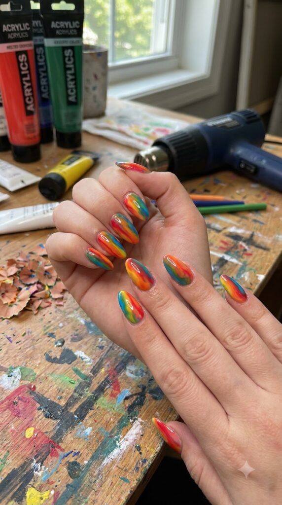 Bright melted crayon ombre nails for a playful school look