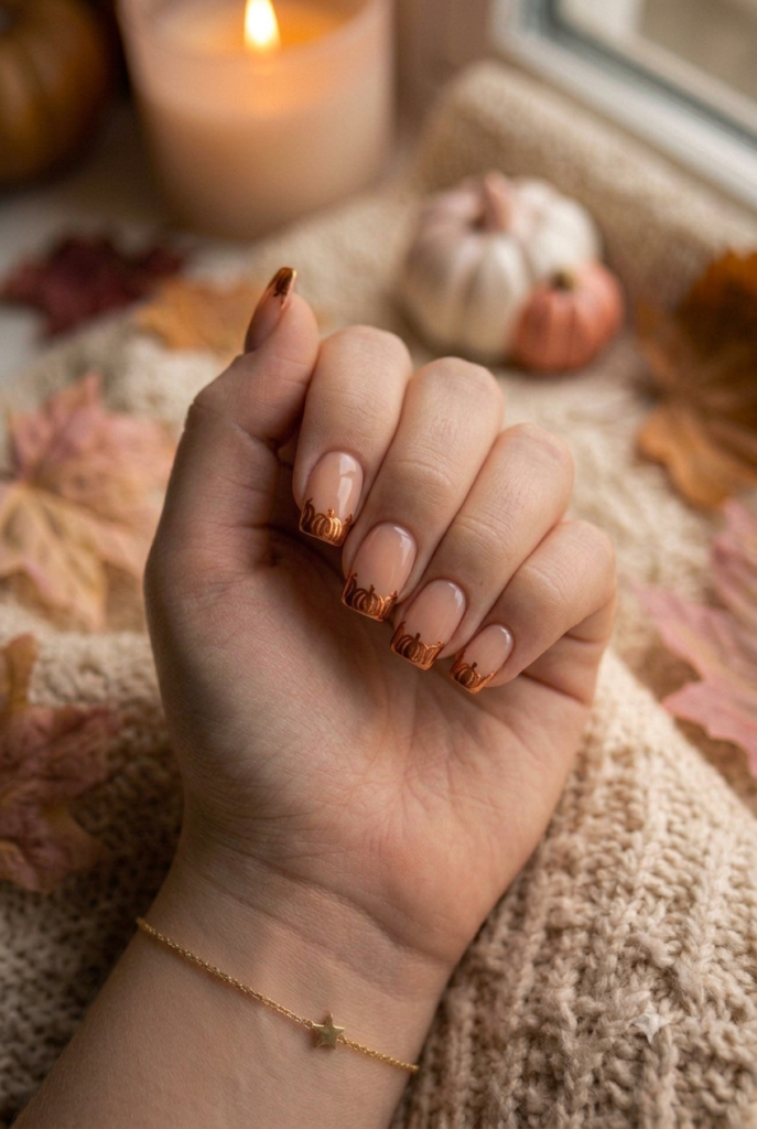 Squoval nude nails with metallic copper pumpkin outline tips