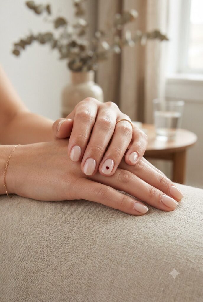 Short oval nails with nude base and tiny red or pink micro heart