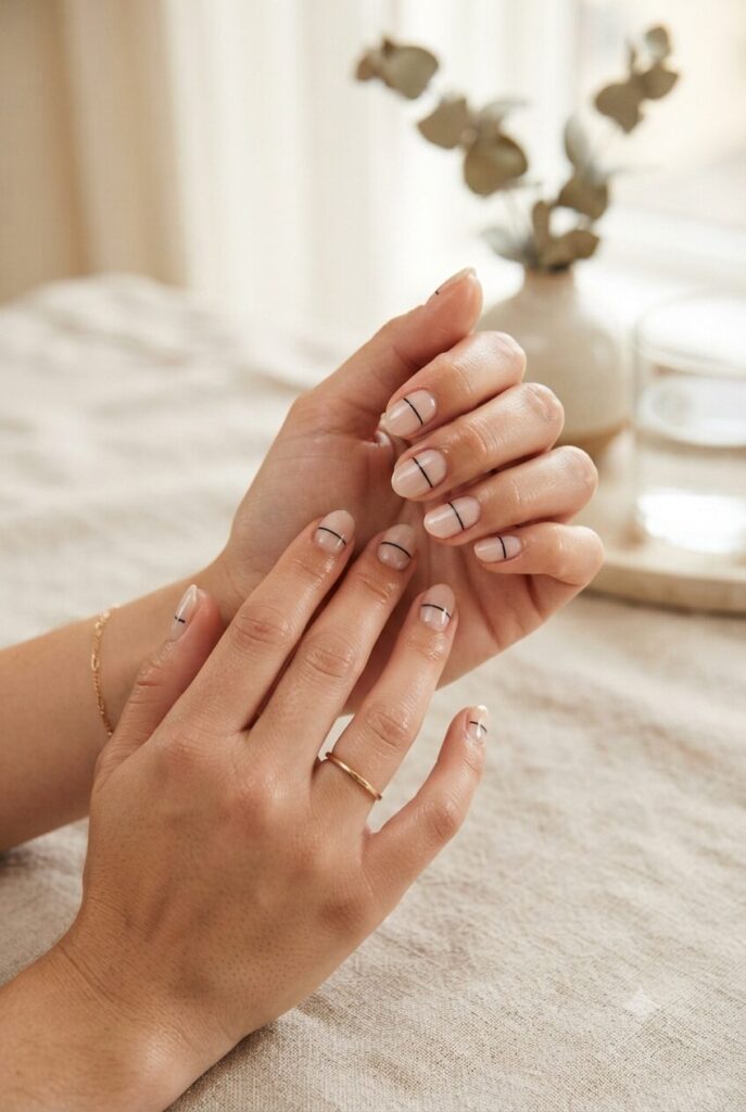 Short almond nails with sheer nude base and thin black micro line