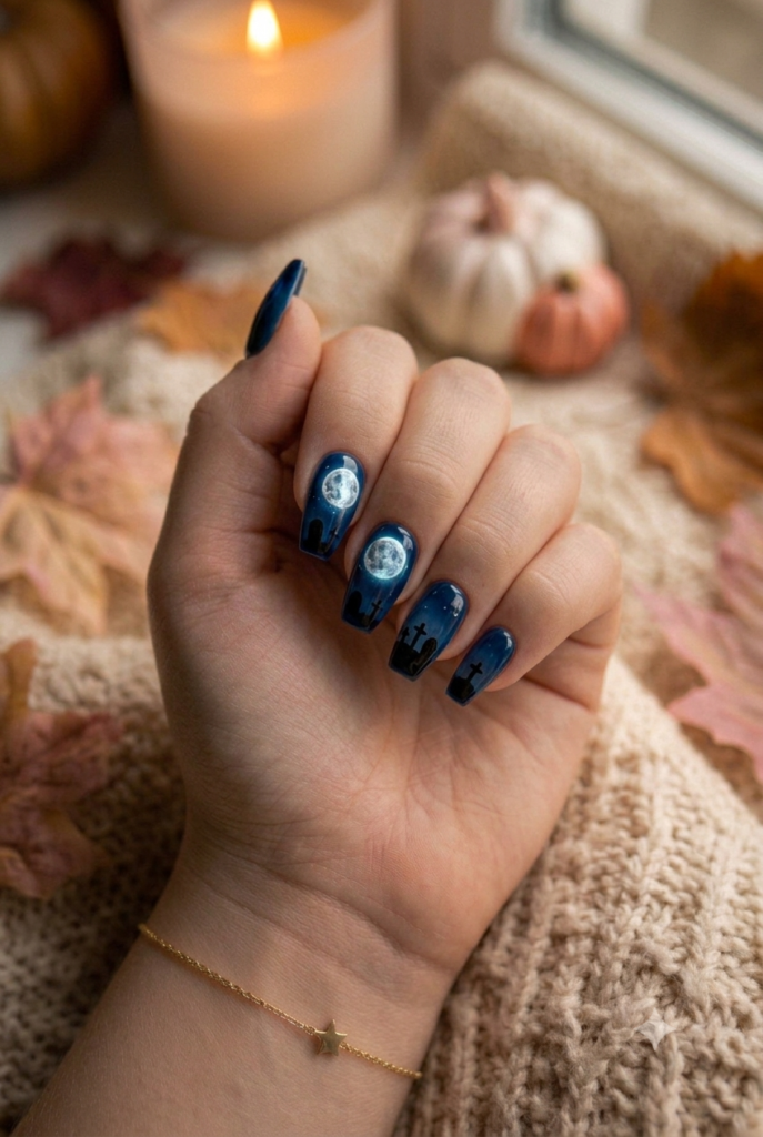 Coffin nails with deep blue jelly polish and gravestone silhouettes