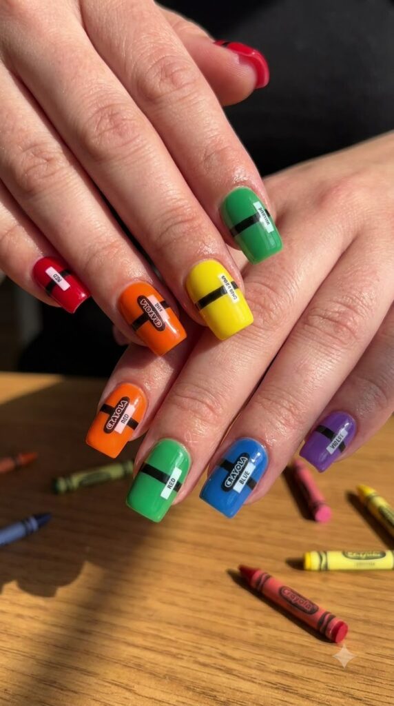 Bright nails with mini crayon label stripe detail