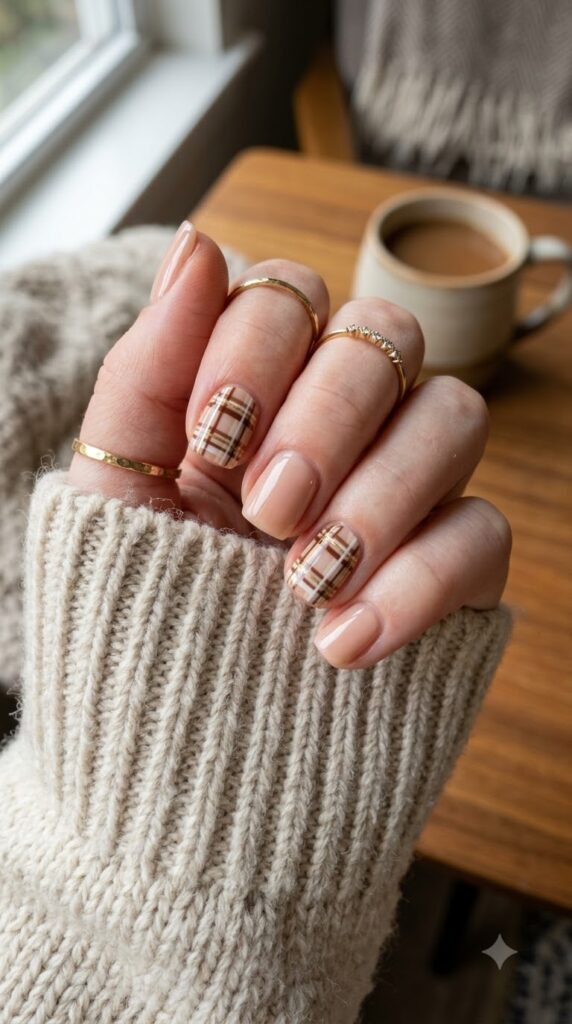 Nude nails with mini plaid accents for September
