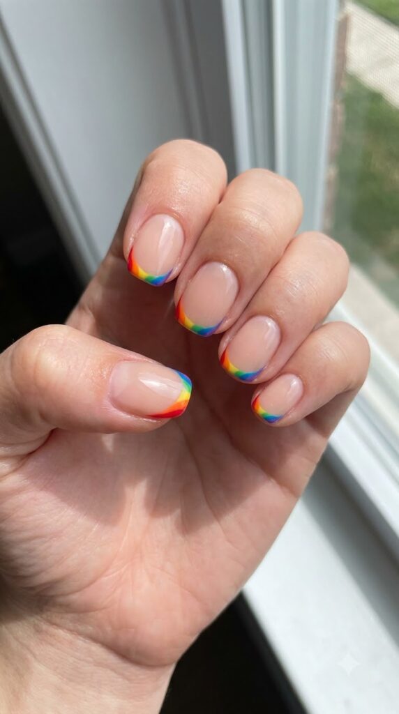 Nude nails with a thin rainbow frame around each edge