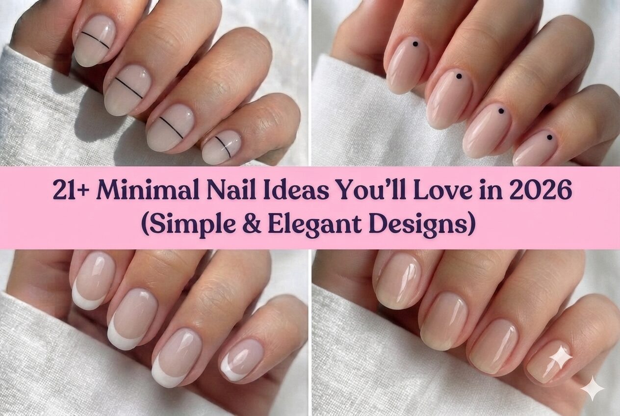 Collage of minimal nail ideas for 2026 with simple elegant designs