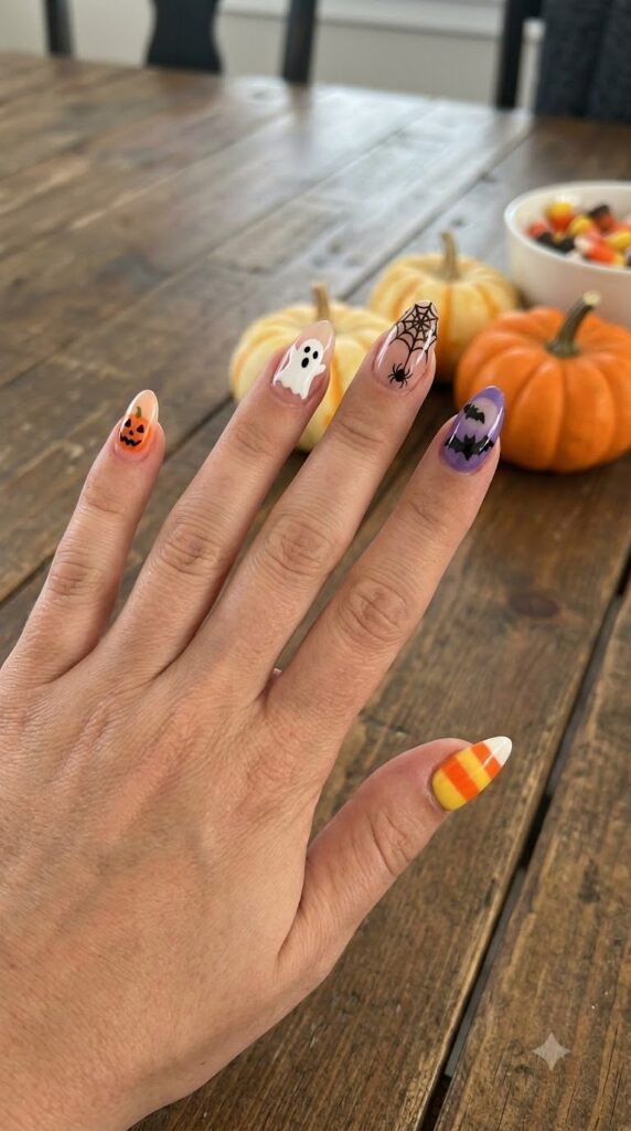 Acrylic nails with a mix of pumpkin ghost spider web and bat designs