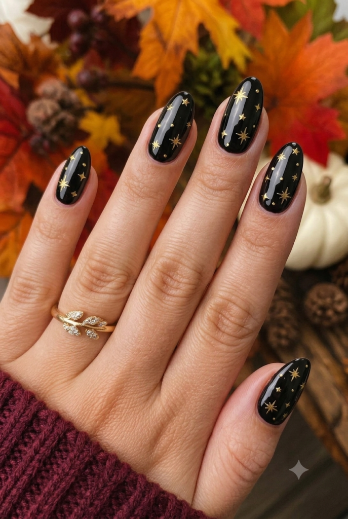 Almond nails with glossy black polish and micro gold star decals