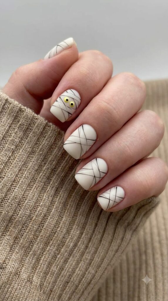 Short square white nails with black mummy wrap lines and eyes