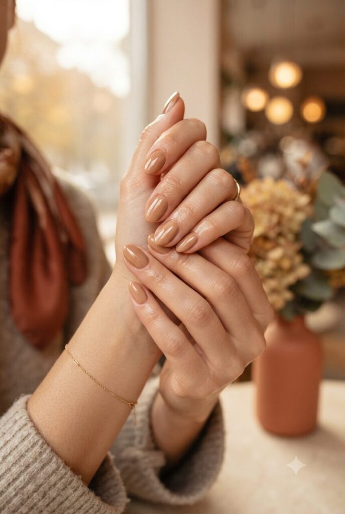 Short almond nails with glossy soft camel nude polish