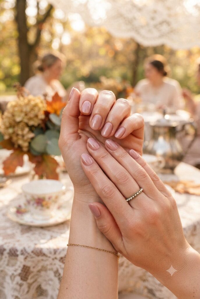 Short oval nails with glossy soft dusty rose vintage polish