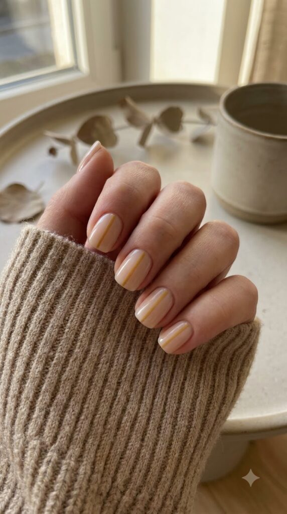 Short square nails with milky base and thin vertical mustard line