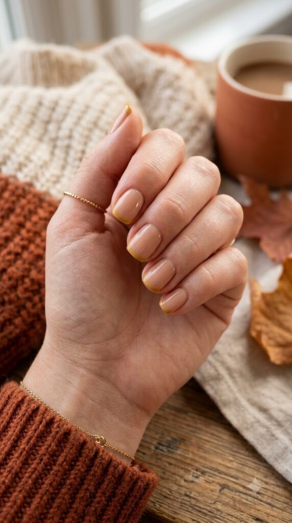 Muted mustard French tip nails for early fall