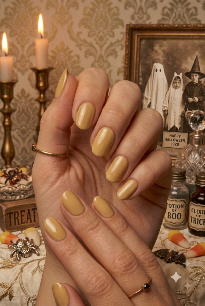 Short almond nails with soft muted mustard yellow vintage glossy polish
