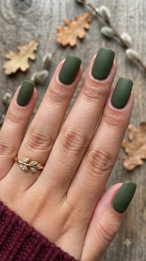 Short square nails with muted olive green matte polish