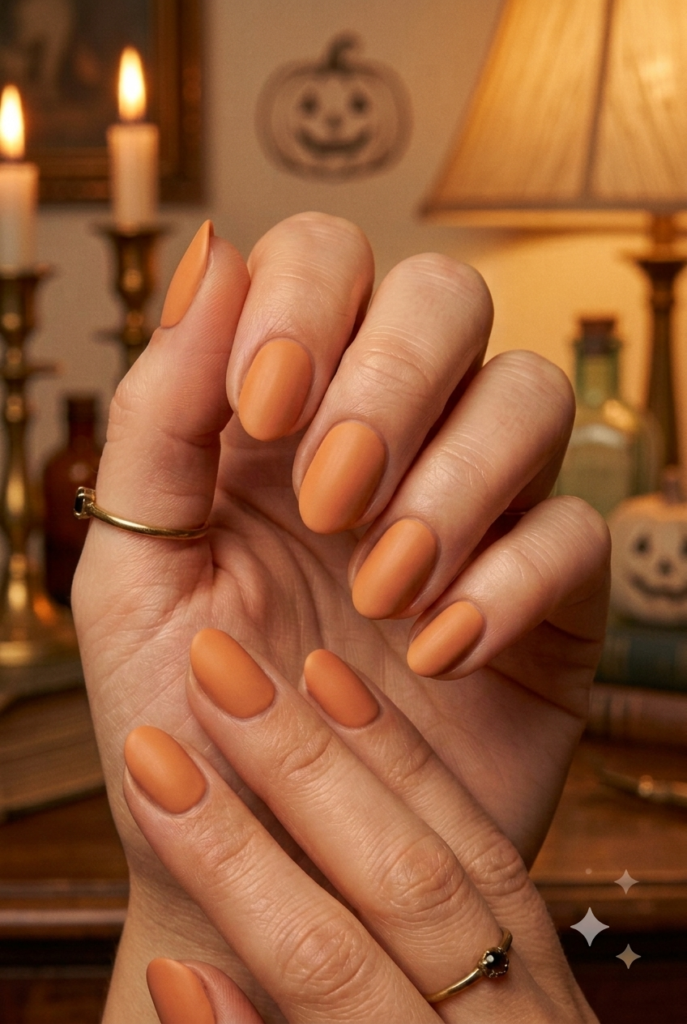 Short almond nails with soft muted pumpkin spice orange matte polish