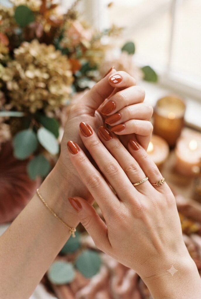 Short almond nails with glossy muted rust orange polish