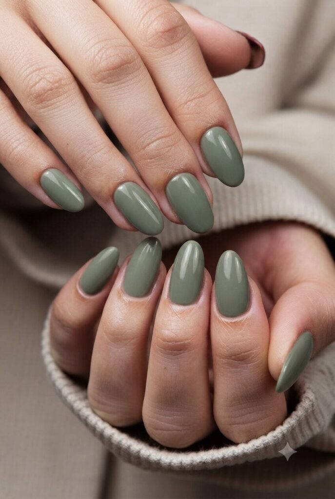 Short oval nails with glossy muted sage green earthy polish