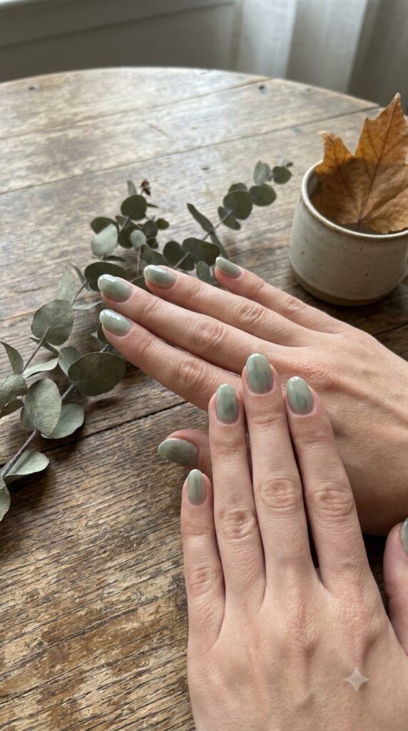 Short oval nails with sheer muted sage green wash polish