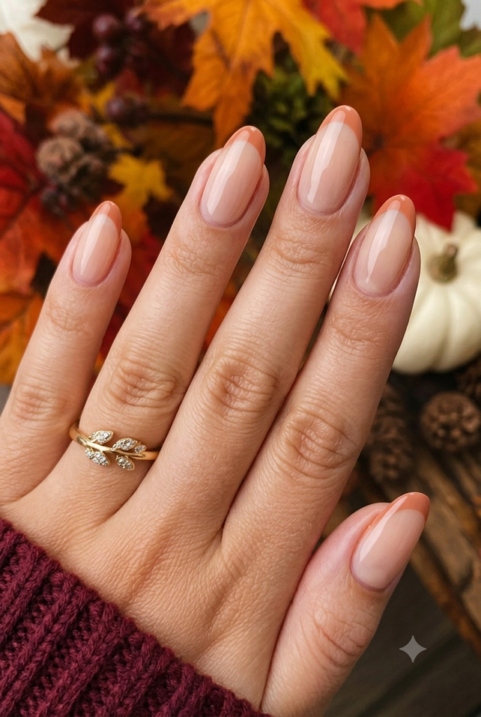 Almond nails with nude base and soft terracotta orange French tips