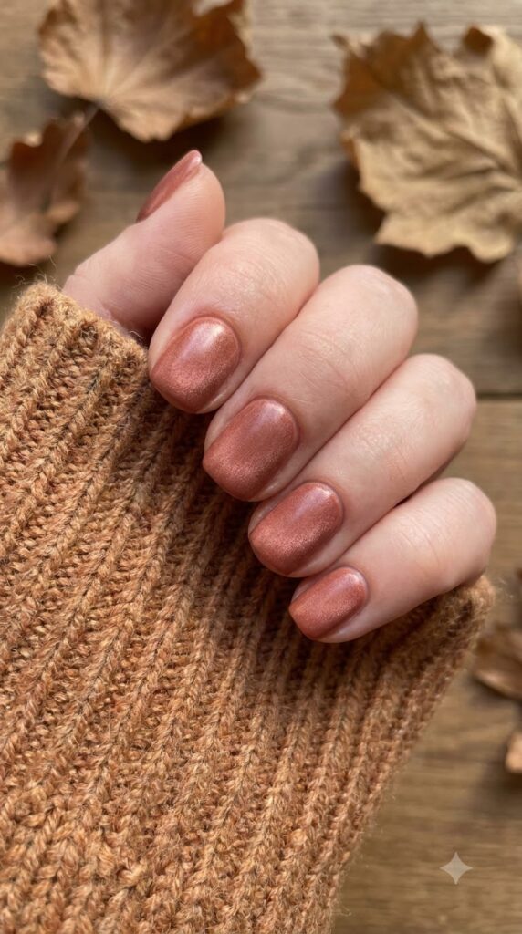 Short squoval nails with muted terracotta magnetic velvet shimmer