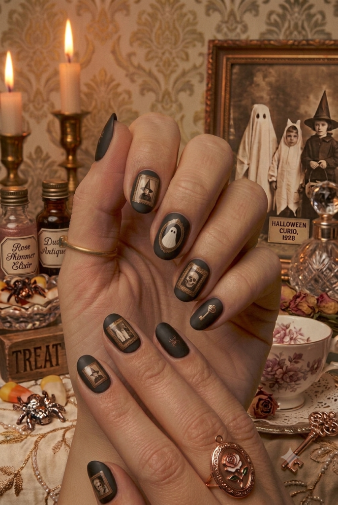 Short almond nails with soft muted matte black vintage smooth polish