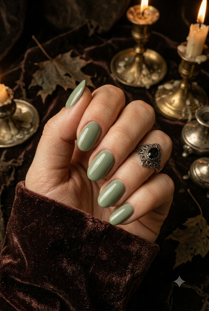 Short oval nails with soft muted vintage sage green polish