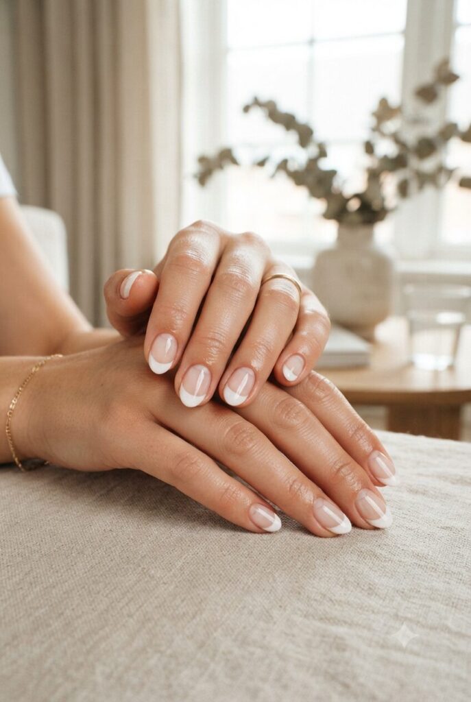 Short almond nails with clear base and soft white negative space French tips